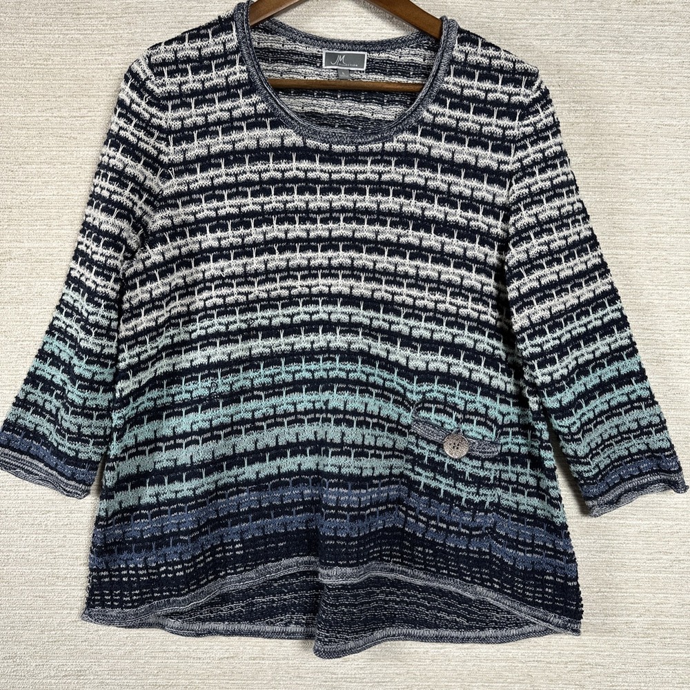 JM Collection Woman Lightweight Sweater Top Blue Stripe 3/4 Sleeve Casual Size L